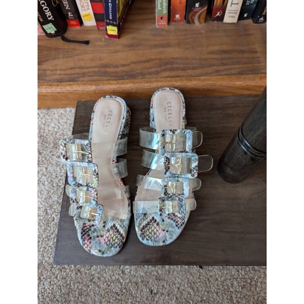 Cecelia New York Lincoln Slide Sandal Rainbow Slip On Clear Transparent Mule 7.5